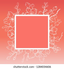 Sakura 2019 flowers blossom card, living coral, hand drawn line ink style. Cure doodle cherry plant vector illustration,  pink background. Realistic floral spring japanese, chinese holiday