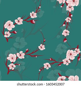Sakura in abstract style on green background. Japanese traditional pattern background. Vector natural illustration. Spring textile texture. Blossom floral seamless pattern. Spring floral texture.