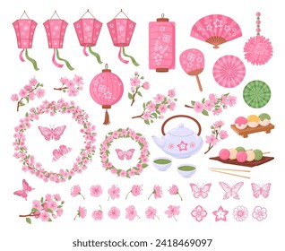 Sakura admiring festival. Traditional japanese cherry blossom, spring sakura tea and sweets, lanterns and fans, blooming sakura symbols flat vector illustration set. Oriental sakura elements