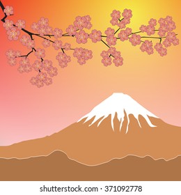 Sakura against mountain. Spring vector background.