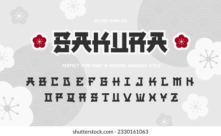 Sakura - Asian Japanese modern style vector type font.  Japanese style abstract background with sakura flowers