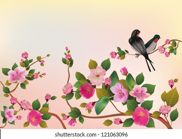 sakura ,bird , spring , postcard .