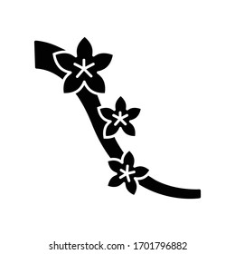 Sakura black glyph icon. Cherry blossom on tree branch. Japanese hanami. Flourish on twig. Springtime blooming flower. Botany, nature. Silhouette symbol on white space. Vector isolated illustration