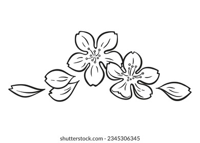 Sakura bloom flowers with petals hand drawn line art gothic tattoo design isolated vector illustration