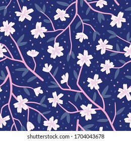Sakura in bloom seamless vector pattern. Traditional Japanese cherry tree branches. Cute cartoon style repeated illustration.