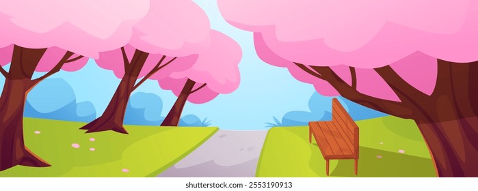 Sakura blooming or cherry blossom season. Beautiful Japanese park, bench and footpath in the alley with pink flowers on trees at springtime. Hanami festival time. Flat vector illustration