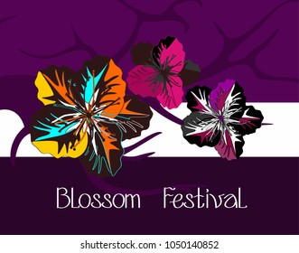 Sakura blooming festival. Branches of dark color with colorful flowers. Image of the inscription in white letters on a bright purple background. A picture with a Hanami holiday in Japan.