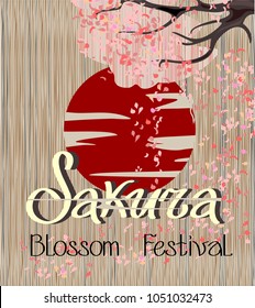 Sakura blooming festival. Branches of dark color with a pink crown with flying petals against the background of the red sun. The inscription is black and white letters on a beige background 