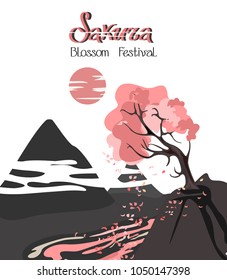 Sakura blooming festival. A dark-colored tree with a pink crown. Image of the inscription in black and pink letters on a white background. A picture with a Hanami holiday in Japan.