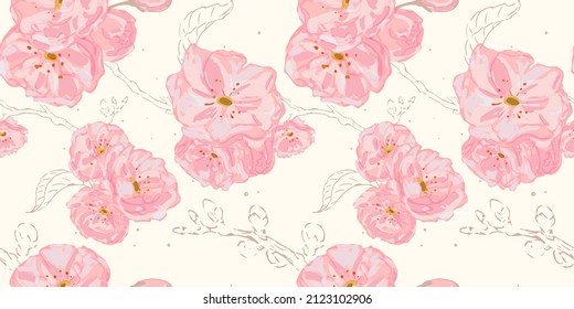 Sakura blooming seamless pattern. Hand drawn watercolor  illustration.