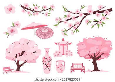 Sakura blooming set elements in flat graphic design. Bundle objects of pink cherry flowers, blossom branches, spring trees, park benches, japanese umbrella, pagoda gazebo, vases. Vector illustration.