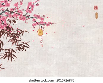 Sakura blossom. bamboo tree and furin bell on vintage background. Japanese zen garden composition. Hieroglyphs - eternity, freedom, happiness, beauty