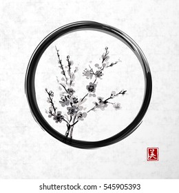 Sakura blossom in black enso zen circle on rice paper background. Contains hieroglyph - beauty.Traditional oriental ink painting sumi-e, u-sin, go-hua.