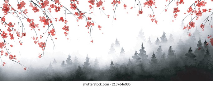 Sakura Blossom And Black Misty Forest. Traditional Oriental Ink Painting Sumi-e, U-sin, Go-hua