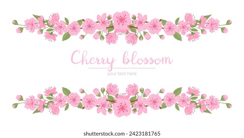 Sakura blossom borders. Cherry flowers dividers, spring sakura blossom decorative frame flat vector illustration. Japanese floral elements design