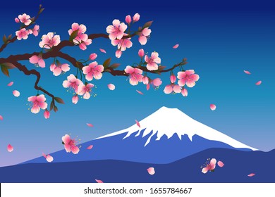 Sakura blossom branch on the background of Fujiyama. Snowy peak of the mountain. Realistic vector illustration of falling pink petals.