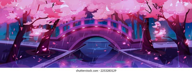 Sakura blossom and bridge in japanese garden in rain at night. Spring landscape with chinese cherry trees with pink flowers in dark park at rainy weather, vector cartoon illustration