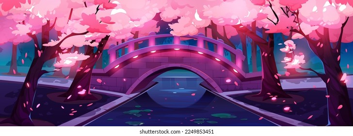 Sakura blossom and bridge under river in japanese garden at night. Spring landscape with chinese cherry trees with pink flowers in dark park, water lily leaves in pond, vector cartoon illustration