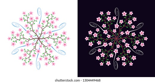 Sakura blossom with calligraphic curls, blooming cherry tree with 6 repeating branches. Vector radial decoration, round floral ornament with pink flowers, leaves, branches and swirls
