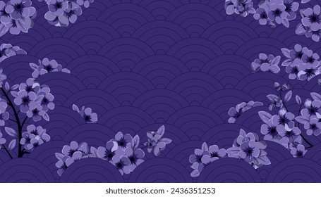  Sakura blossom in the cherry orchard at night, Japanese wave traditional background pattern, wallpaper, template, Oriental ornament Chinese, Asian theme