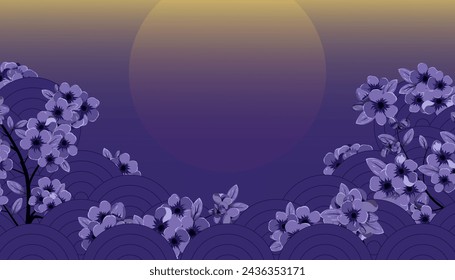 Sakura blossom in the cherry orchard at night early morning, Japanese wave traditional background pattern, wallpaper, template, Oriental ornament Chinese, Asian theme