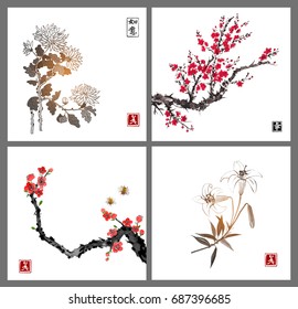 Sakura blossom, chrysanthemum and lily flowers. Traditional oriental ink painting sumi-e, u-sin, go-hua. Contains hieroglyph - beauty, happiness, dreams come true