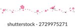 Sakura blossom flowers border with falling pink petals. Spring sale header, horizontal frame for banner, Japanese style text divider, headline for spring promotion poster. Vector template.