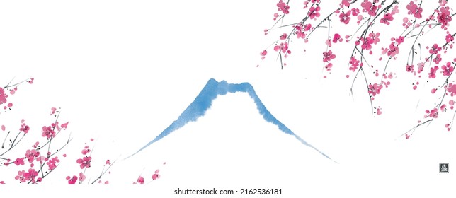 Sakura blossom and Fujiyama mountain on white background.Traditional oriental ink painting sumi-e, u-sin, go-hua. Translation of hieroglyph - blossom.