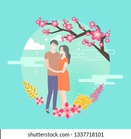 Sakura blossom and hugging young people in love. Vector blooming spring flowers and male and woman happy dating couple in round circle on blue skies