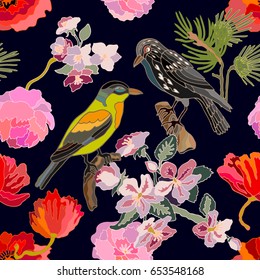 Sakura blossom in Japanese garden. Seamless oriental pattern with Victorian motifs. Blooming flowers, leaves and blackbirds. Vintage textile collection. Colorful on dark blue.