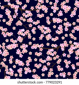 Sakura blossom in Japanese garden. Seamless vector pattern with blooming cherry flowers. Botanical print for textile design and cards. On dark background.