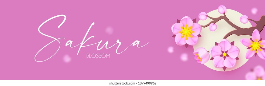Sakura blossom and moon. Cute pink cherry flowers. Japanese traditional design. O-Hanami-blossom festival. Spring is coming.