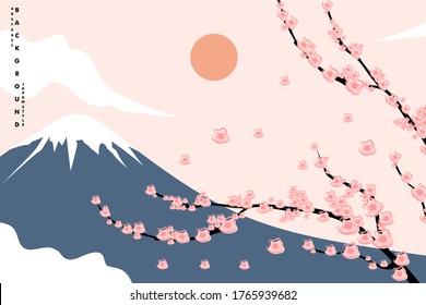 Sakura in blossom and mountains. minimalist background design and pastel color 