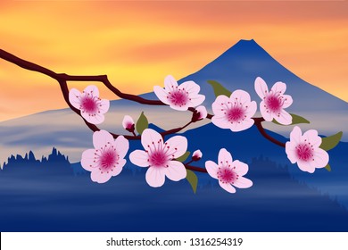 Sakura blossom on the background of Mount Fuji. Hanami festival in Japan. Vector illustration, EPS10.