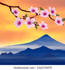 Sakura blossom on the background of Mount Fuji. Hanami festival in Japan. Vector illustration, EPS10.