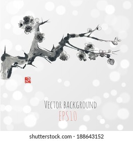 Sakura blossom on glowing background. Seasonal cherry blossom hand-drawn with ink in traditional Japanese style sumi-e. Vector illustration. Sealed with decorative red stamp. 
