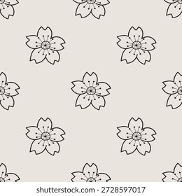 Sakura Blossom Outline Vector sin fisuras del patrón, flores de cerezo del arte de la línea negra, fondo japonés minimalista