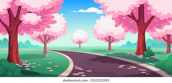 Sakura blossom park road spring illustration. Cherry tree flower cartoon vector nature landscape background with sky and meadow. Oriental japanese village environment with lying petals scene banner