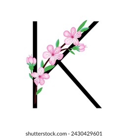 Sakura blossom pink little flower alphabet for design of card or invitation. Vector illustrations, isolated on white background for spring cherry floral gesign