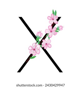 Sakura blossom pink little flower alphabet for design of card or invitation. Vector illustrations, isolated on white background for spring cherry floral gesign