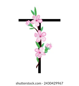 Sakura blossom pink little flower alphabet for design of card or invitation. Vector illustrations, isolated on white background for spring cherry floral gesign