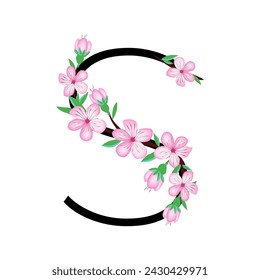 Sakura blossom pink little flower alphabet for design of card or invitation. Vector illustrations, isolated on white background for spring cherry floral gesign