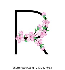 Sakura blossom pink little flower alphabet for design of card or invitation. Vector illustrations, isolated on white background for spring cherry floral gesign