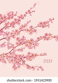 Sakura blossom poster for print and web. Spring floral vector element for card, headers, invitations. Traced hand drawn flowers branch sketch.

