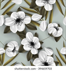 Sakura blossom seamless pattern . Beautiful background with tropical flowers and palm leaves, plant and leaf. Wedding card or invitation with abstract floral background.