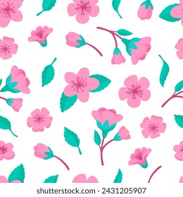 Sakura blossom seamless pattern. Pink flowers, petals and green leaves. Floral fabric print design, japanese plants. Decorative neoteric vector background