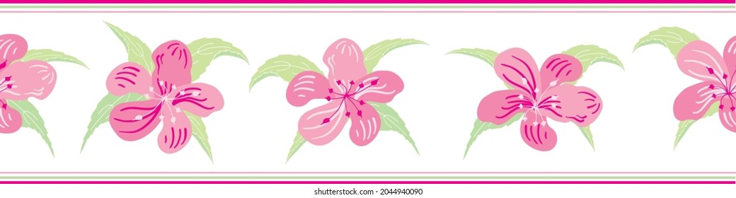 Sakura blossom seamless vector border background. Banner with pink cherry petals and,leaves, striped edging. Feminine romantic horizontal repeat floral botanical design with spring buds.