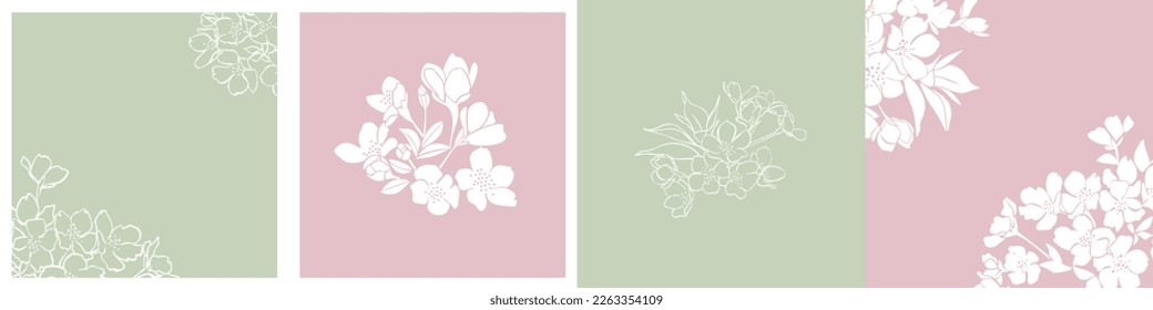 Sakura blossom. Set of vector design frames and cards with cherry flowers. 
