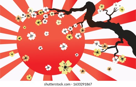 Sakura blossom in sunlight retro wide horizontal Vector background