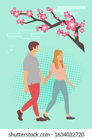 Sakura blossom and teenagers holding hands, cartoon people walking together. Vector boy and girl side view, animated male and female characters on blue